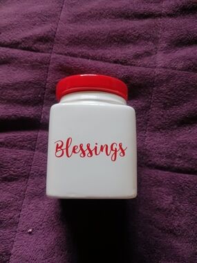 Source Unknown White Ceramic Canister with Red Script and Lid